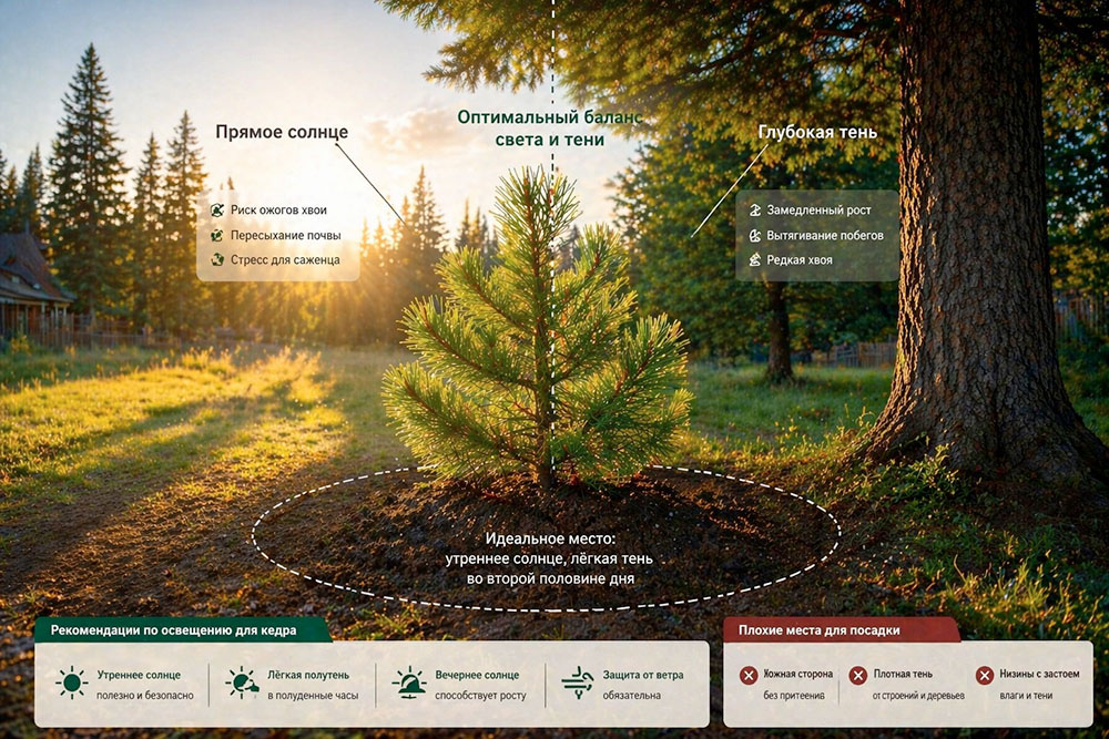 освещение для саженцев кедра на участке с балансом солнца и тени