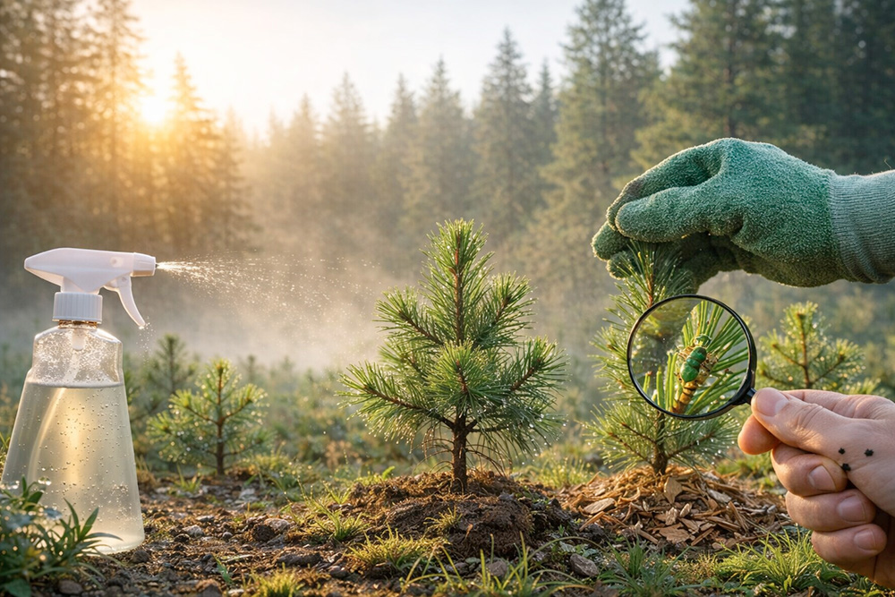 защита саженцев кедра от вредителей и болезней на участке с молодыми деревьями