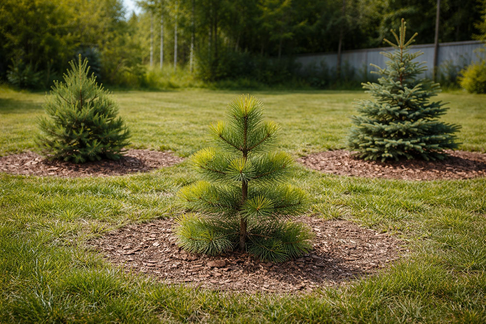саженцы кедра сосны и ели посаженные на расстоянии друг от друга